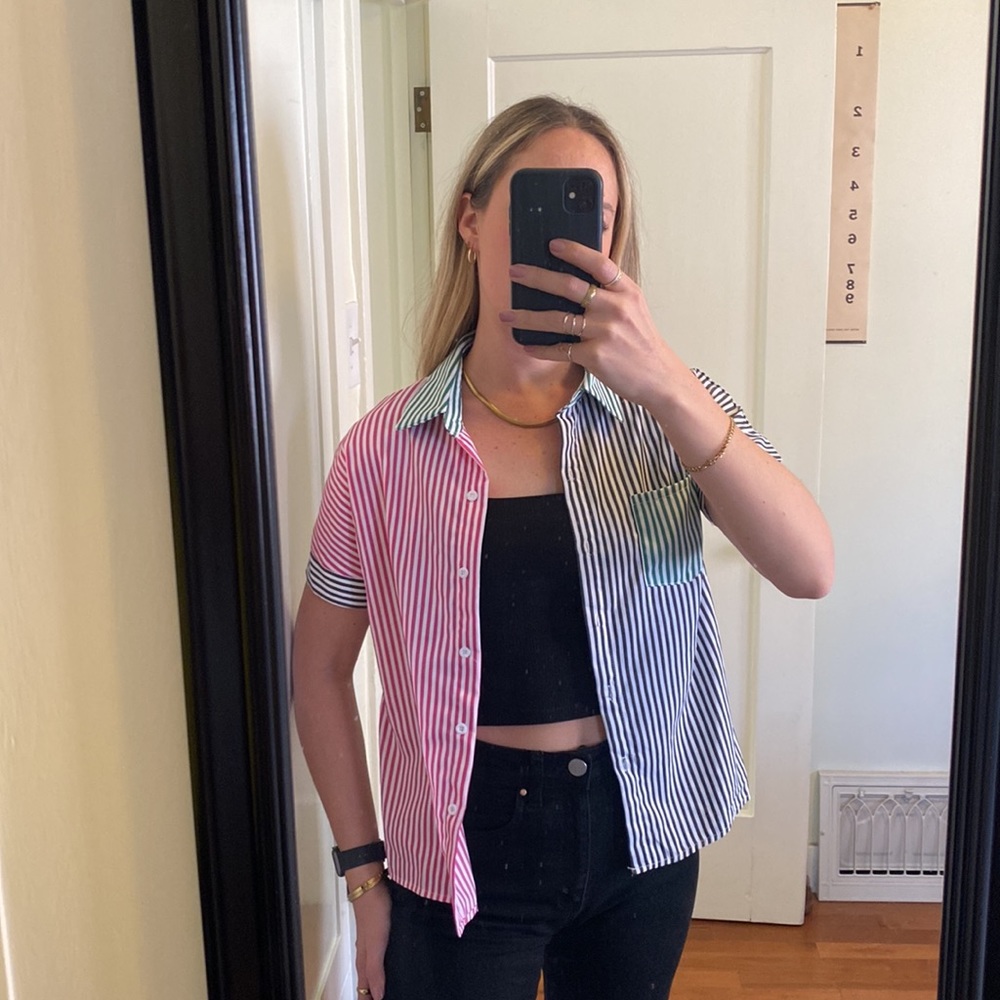 Color block striped button up tee